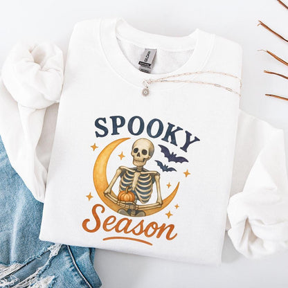 Spooky Season PNG, Halloween Skeleton on Crescent Moon - 300 DPI Design