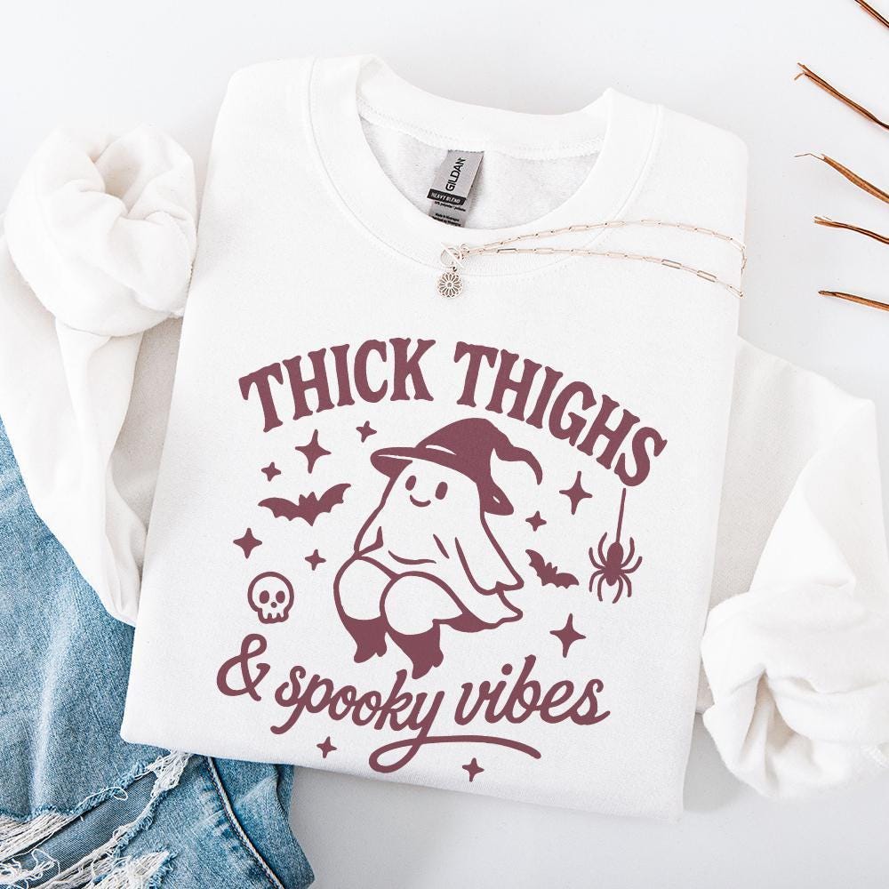 Thick Thighs & Spooky Vibes PNG Tee Design, Cute Ghost Halloween Shirt