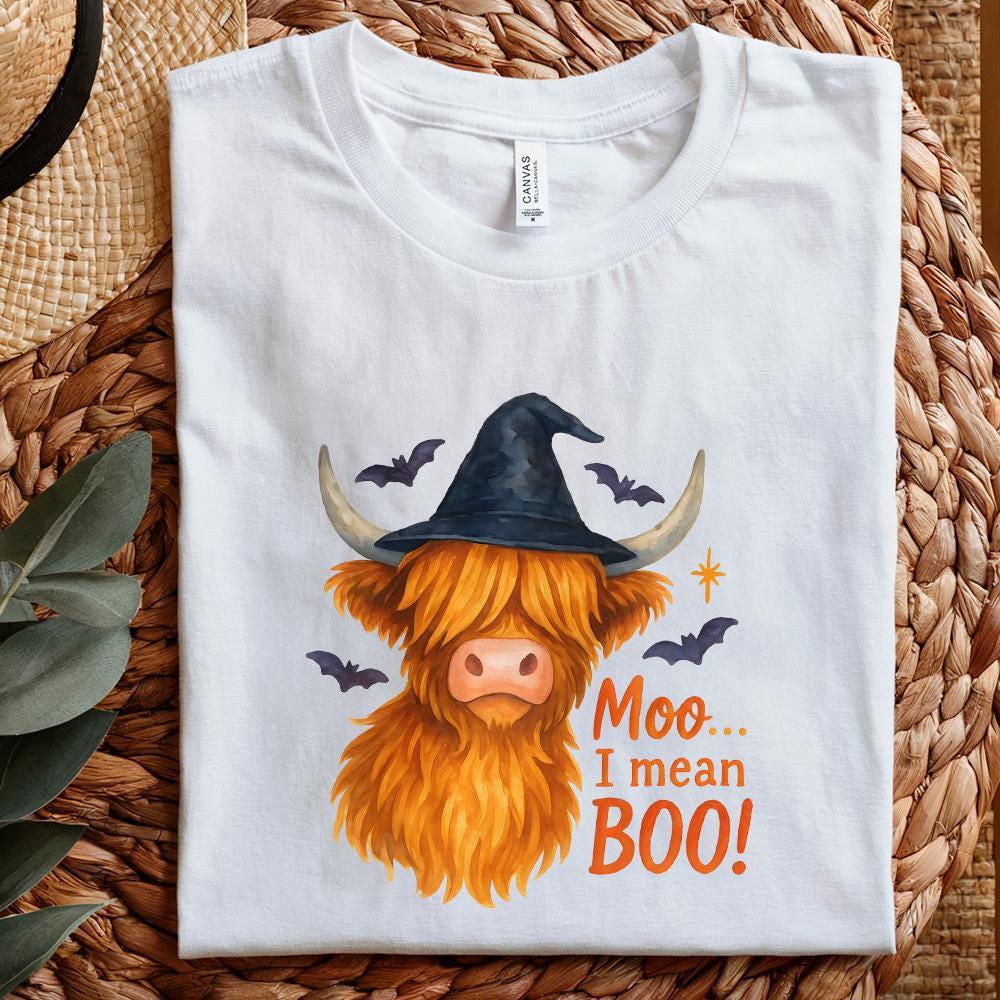 Moo... I Mean Boo! Highland Cow Halloween PNG, Witch Hat Animal Art - 300