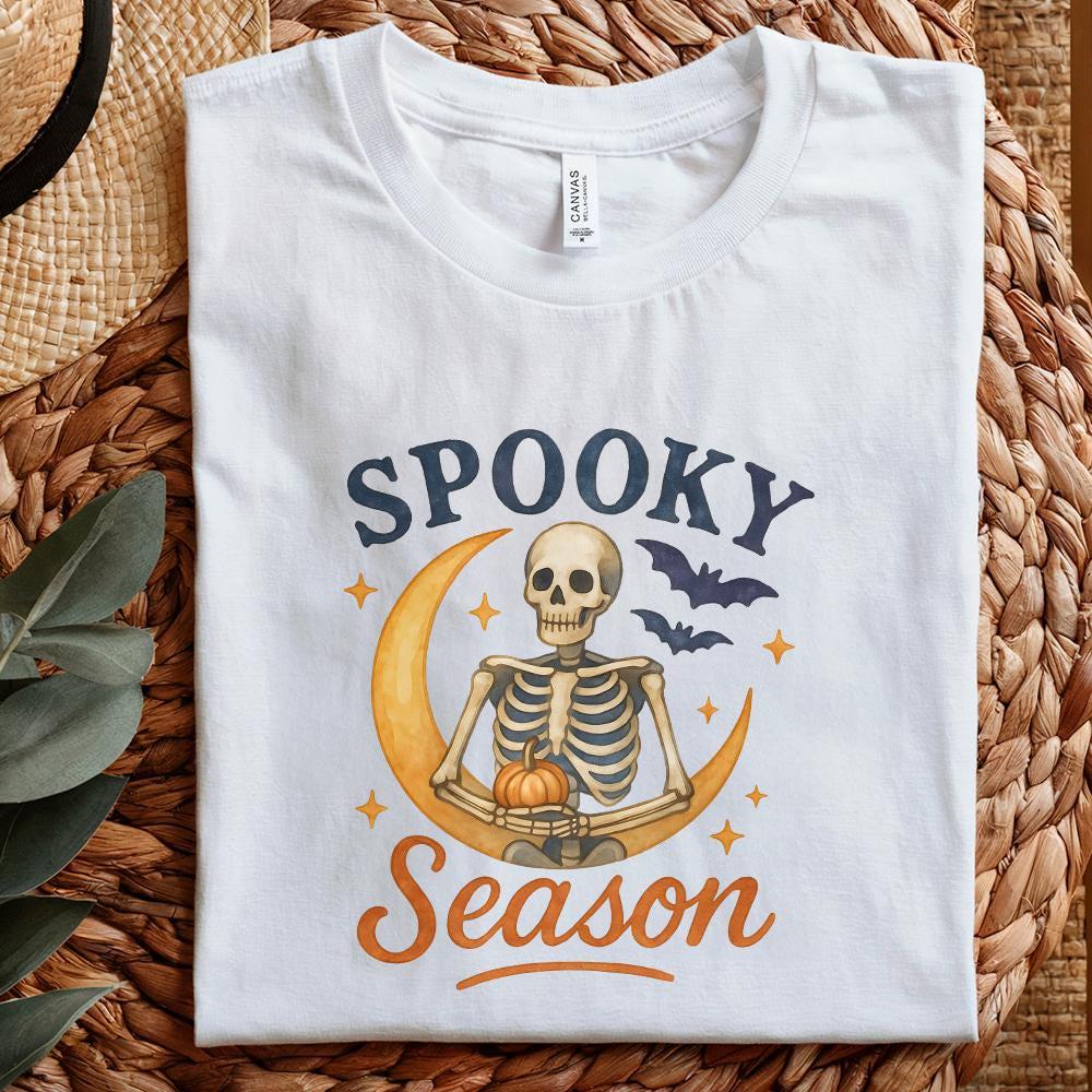 Spooky Season PNG, Halloween Skeleton on Crescent Moon - 300 DPI Design