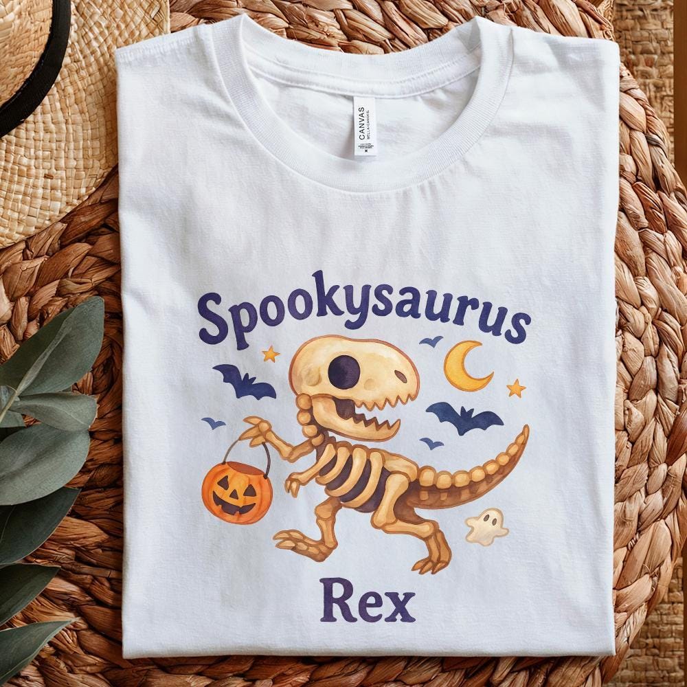 Spookysaurus Rex PNG Halloween Dinosaur PNG With Pumpkin Basket, Ghost -