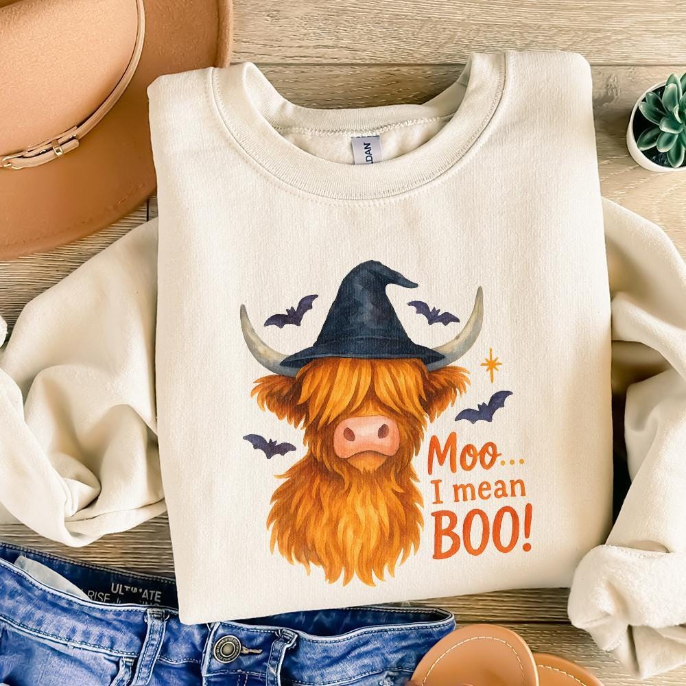 Moo... I Mean Boo! Highland Cow Halloween PNG, Witch Hat Animal Art - 300