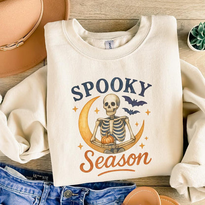 Spooky Season PNG, Halloween Skeleton on Crescent Moon - 300 DPI Design
