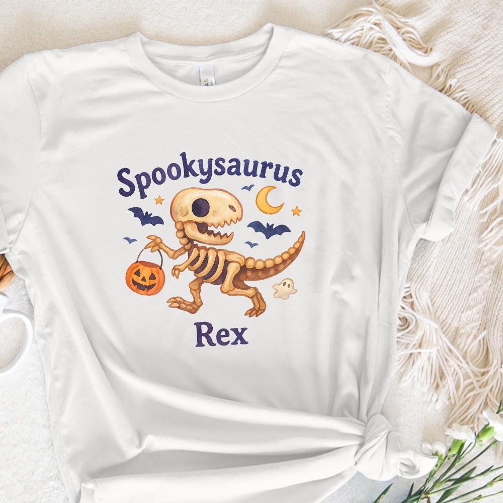Spookysaurus Rex PNG Halloween Dinosaur PNG With Pumpkin Basket, Ghost -