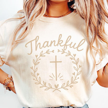 Thankful PNG, Laurel Wreath Cross Christian Sublimation - 300 DPI Design