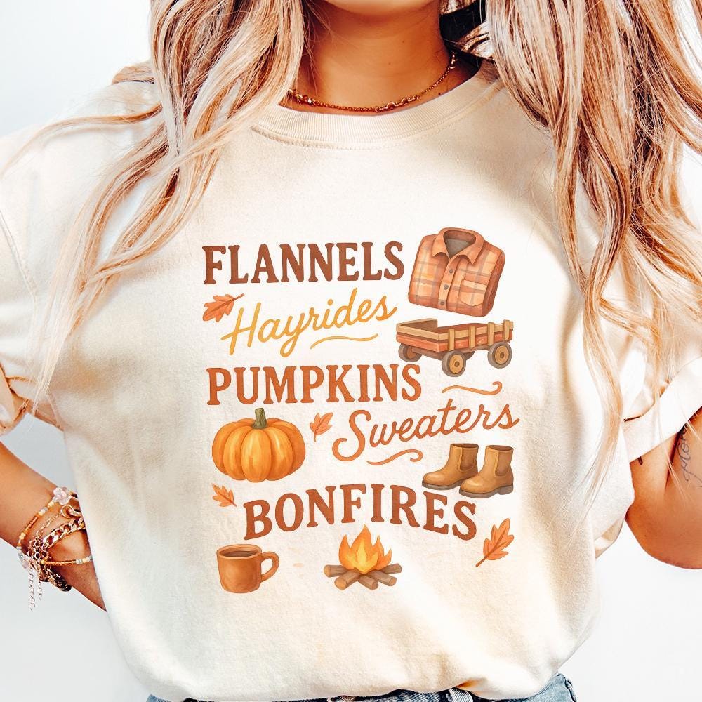 Flannels Hayrides Pumpkins Sweaters Bonfires PNG Fall Shirt, Cozy Autumn