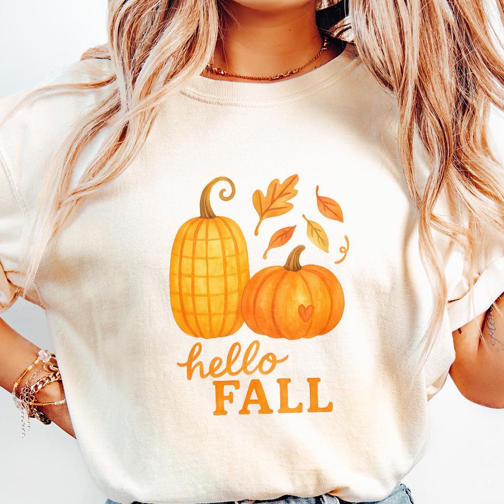 Hello Fall Pumpkins PNG, Autumn Leaves Fall Sublimation - 300 DPI Design