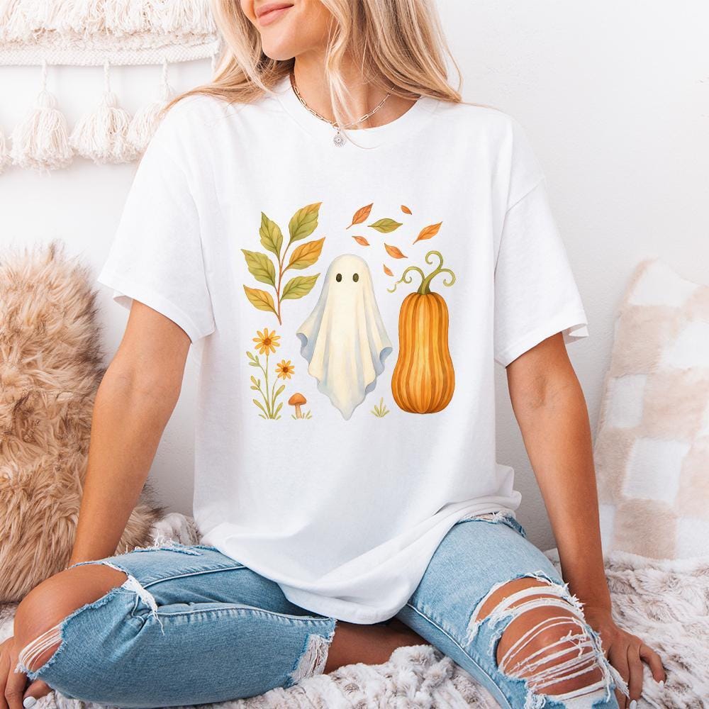 Whimsical Ghost PNG, Fall Pumpkin Watercolor PNG - 300 DPI Design for