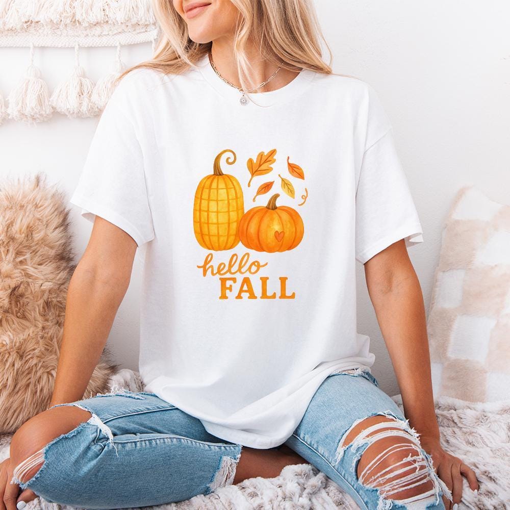 Hello Fall Pumpkins PNG, Autumn Leaves Fall Sublimation - 300 DPI Design
