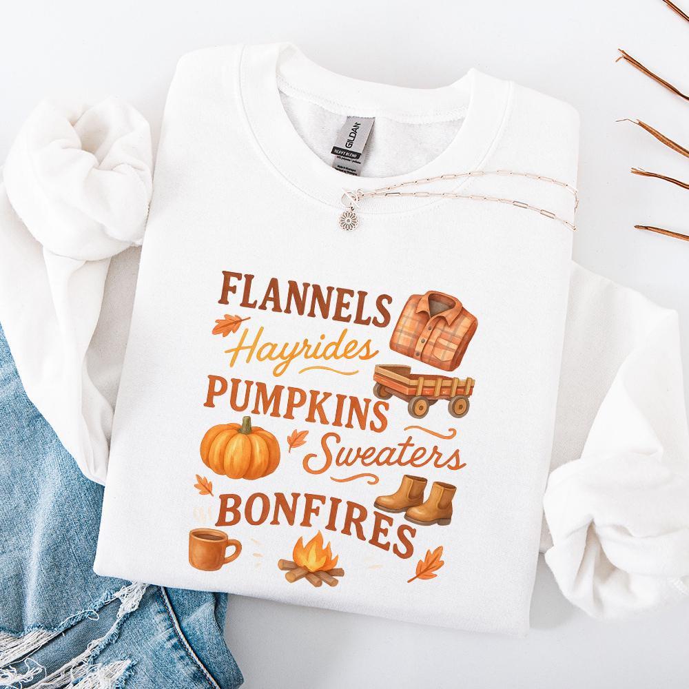 Flannels Hayrides Pumpkins Sweaters Bonfires PNG Fall Shirt, Cozy Autumn