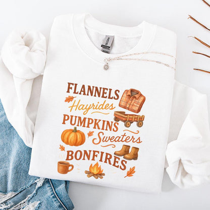 Flannels Hayrides Pumpkins Sweaters Bonfires PNG Fall Shirt, Cozy Autumn