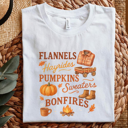 Flannels Hayrides Pumpkins Sweaters Bonfires PNG Fall Shirt, Cozy Autumn