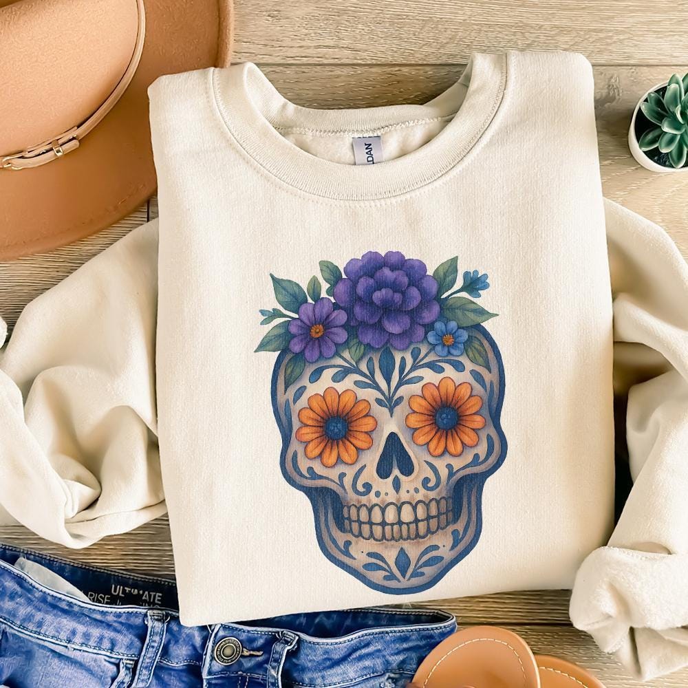 Floral Skull PNG, Sugar Skull PNG - 300 DPI Design for T-Shirt