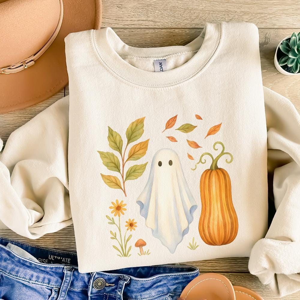 Whimsical Ghost PNG, Fall Pumpkin Watercolor PNG - 300 DPI Design for