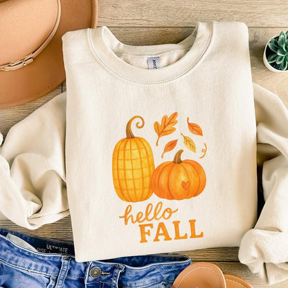 Hello Fall Pumpkins PNG, Autumn Leaves Fall Sublimation - 300 DPI Design