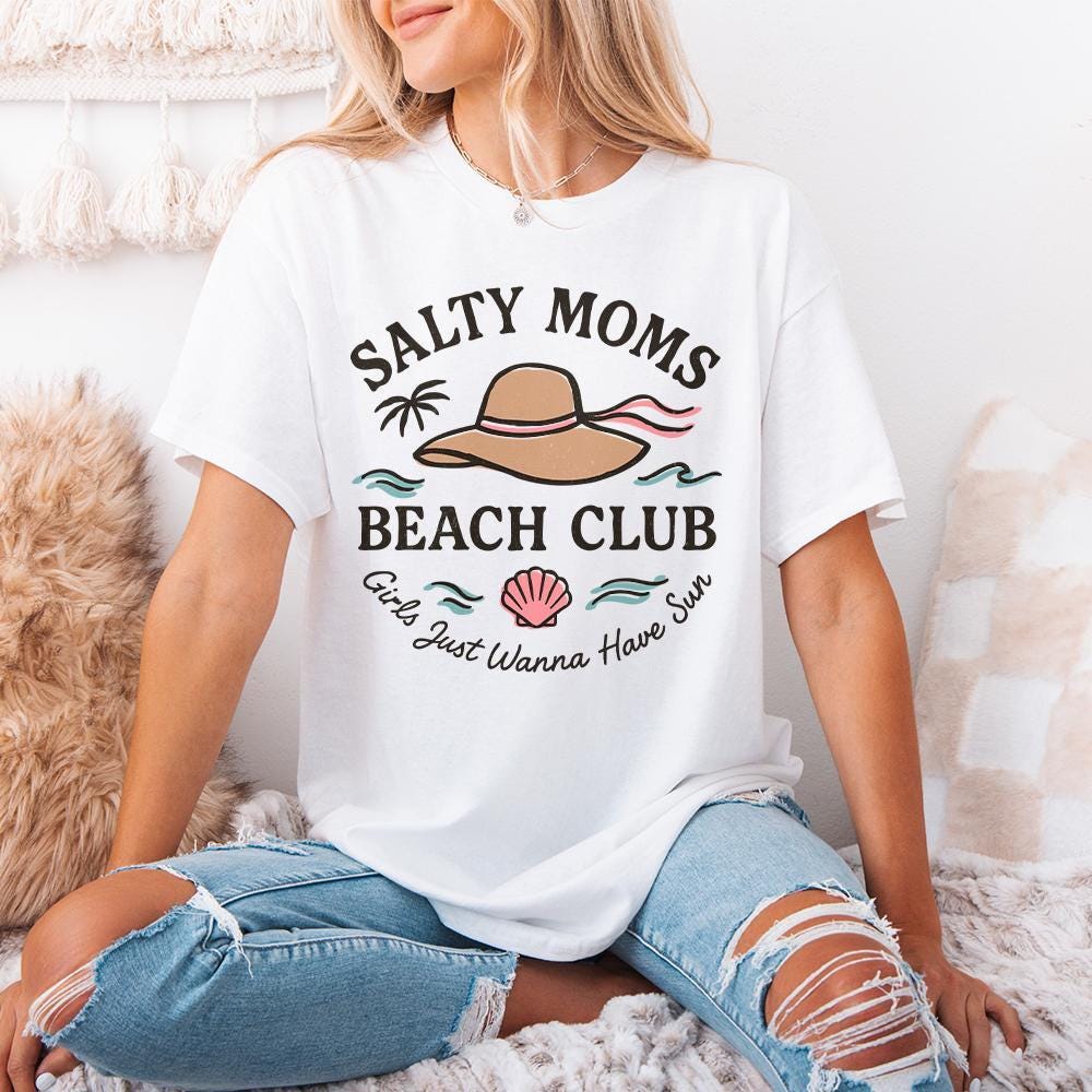 Salty Moms Beach Club PNG Digital Download, Retro Beach Girl - 300 DPI
