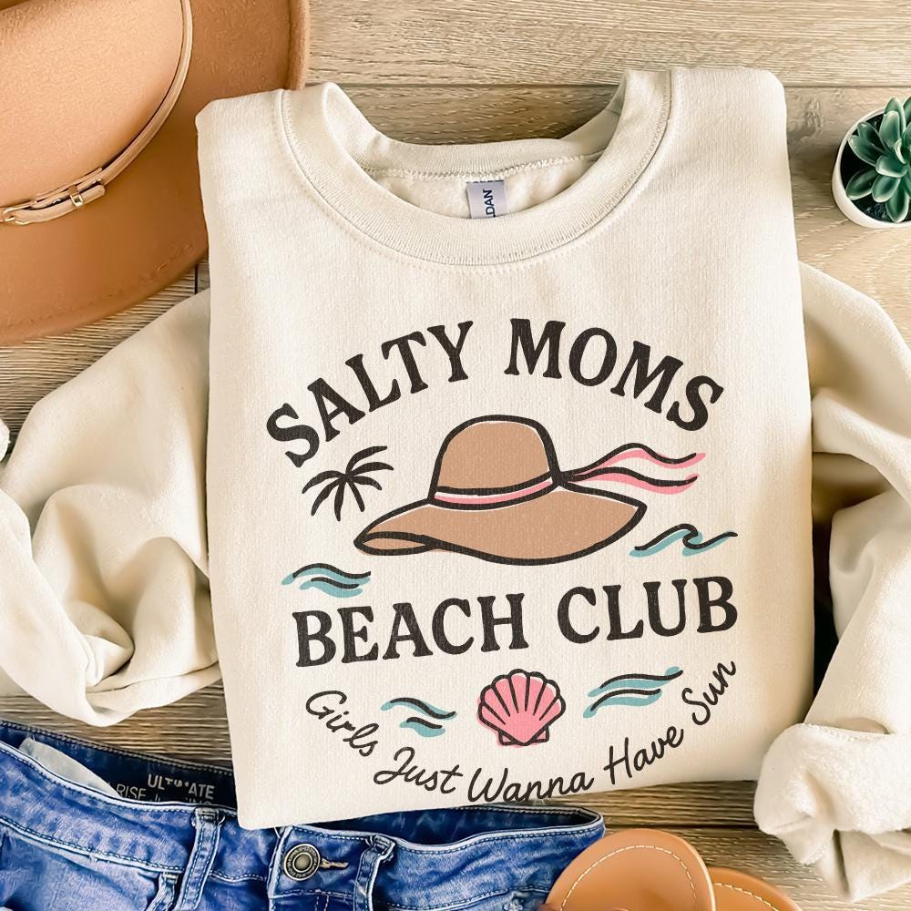 Salty Moms Beach Club PNG Digital Download, Retro Beach Girl - 300 DPI
