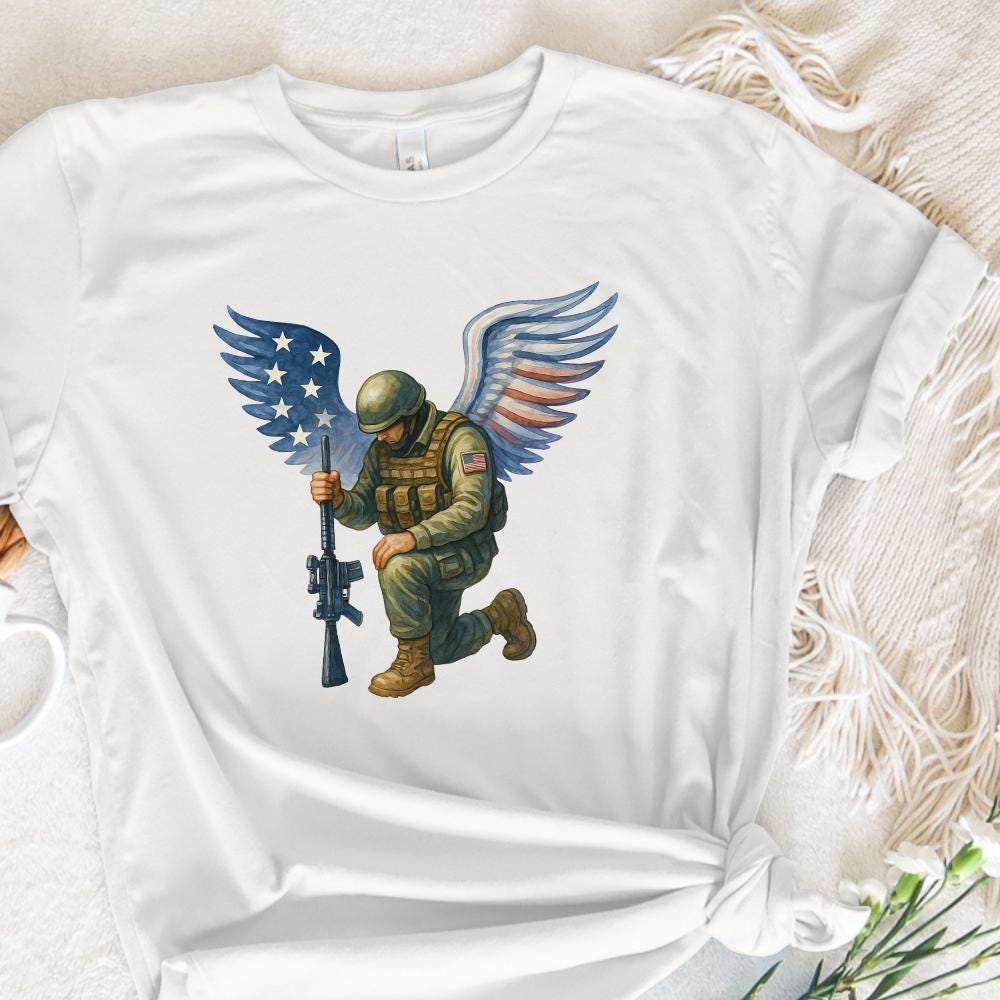 American Soldier Angel Man Praying PNG, USA Flag - 300 DPI Design for