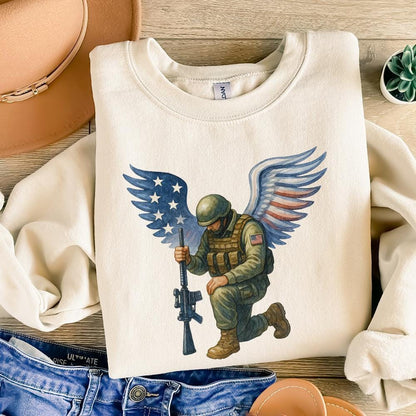 American Soldier Angel Man Praying PNG, USA Flag - 300 DPI Design for