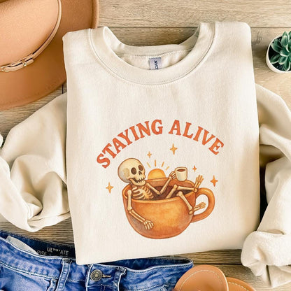 Staying Alive Skeleton Coffee png, Funny Halloween Coffee Sublimation Png