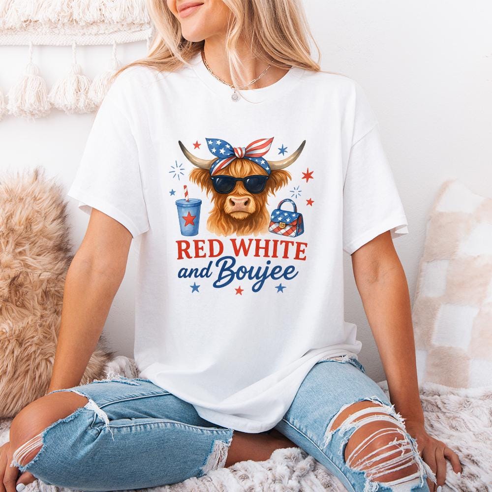 Fourth of July Highland Cow PNG, Patriotic America Sublimation Design -