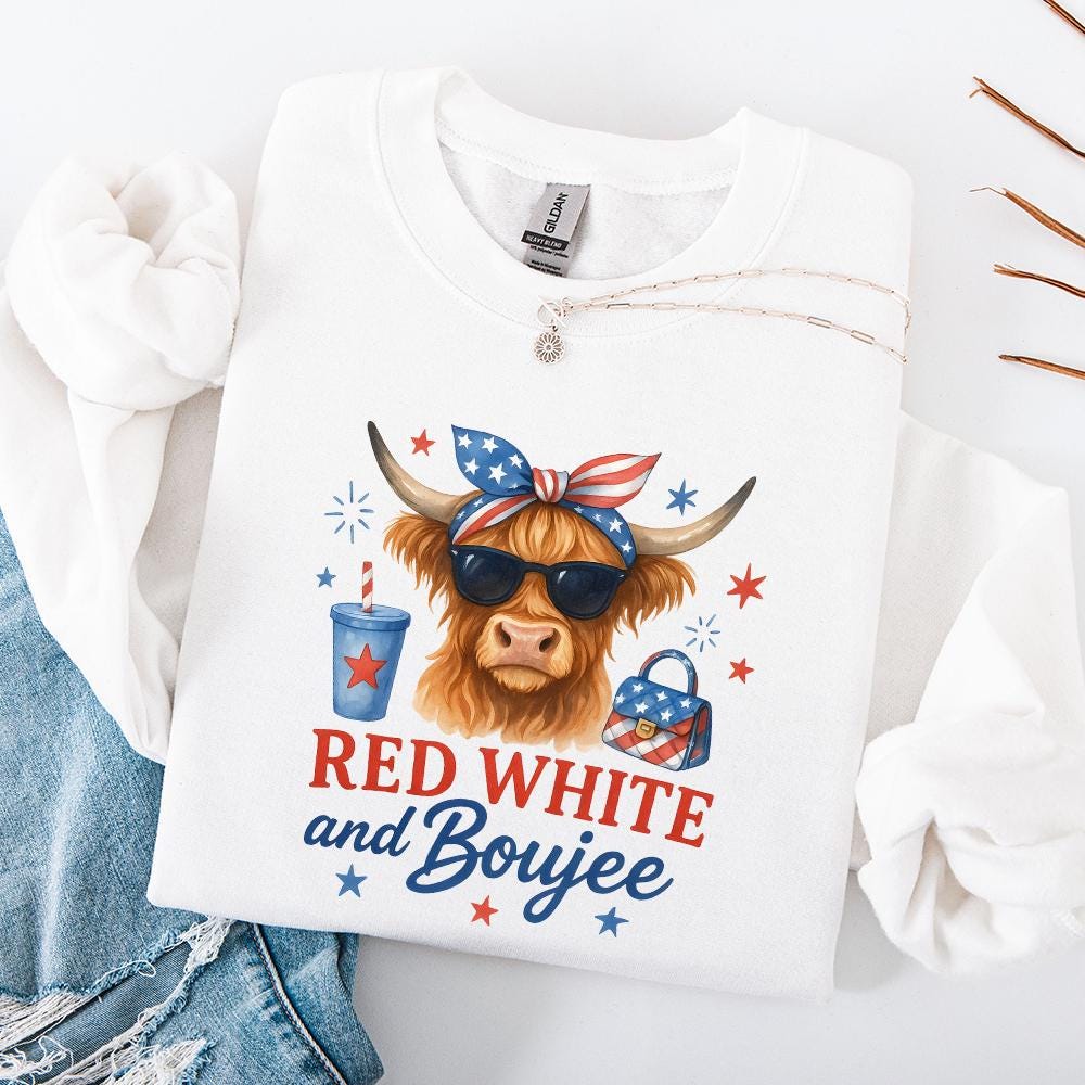 Fourth of July Highland Cow PNG, Patriotic America Sublimation Design -