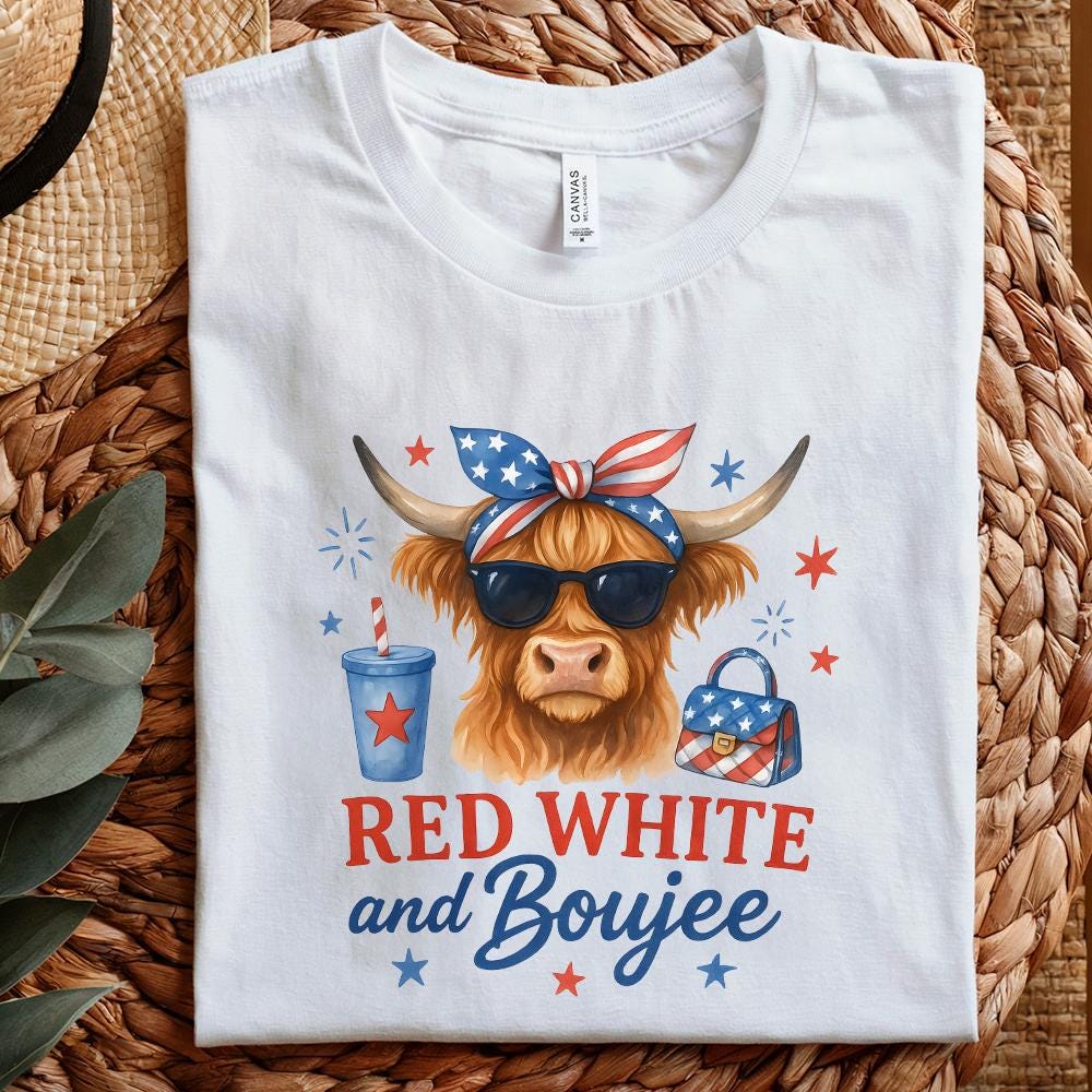 Fourth of July Highland Cow PNG, Patriotic America Sublimation Design -