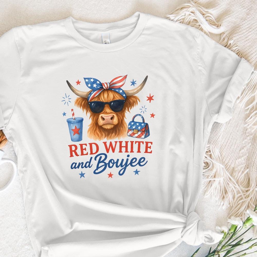 Fourth of July Highland Cow PNG, Patriotic America Sublimation Design -