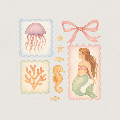 Pastel Mermaid and Sea Animals PNG, Beach Clipart - 300 DPI Design for