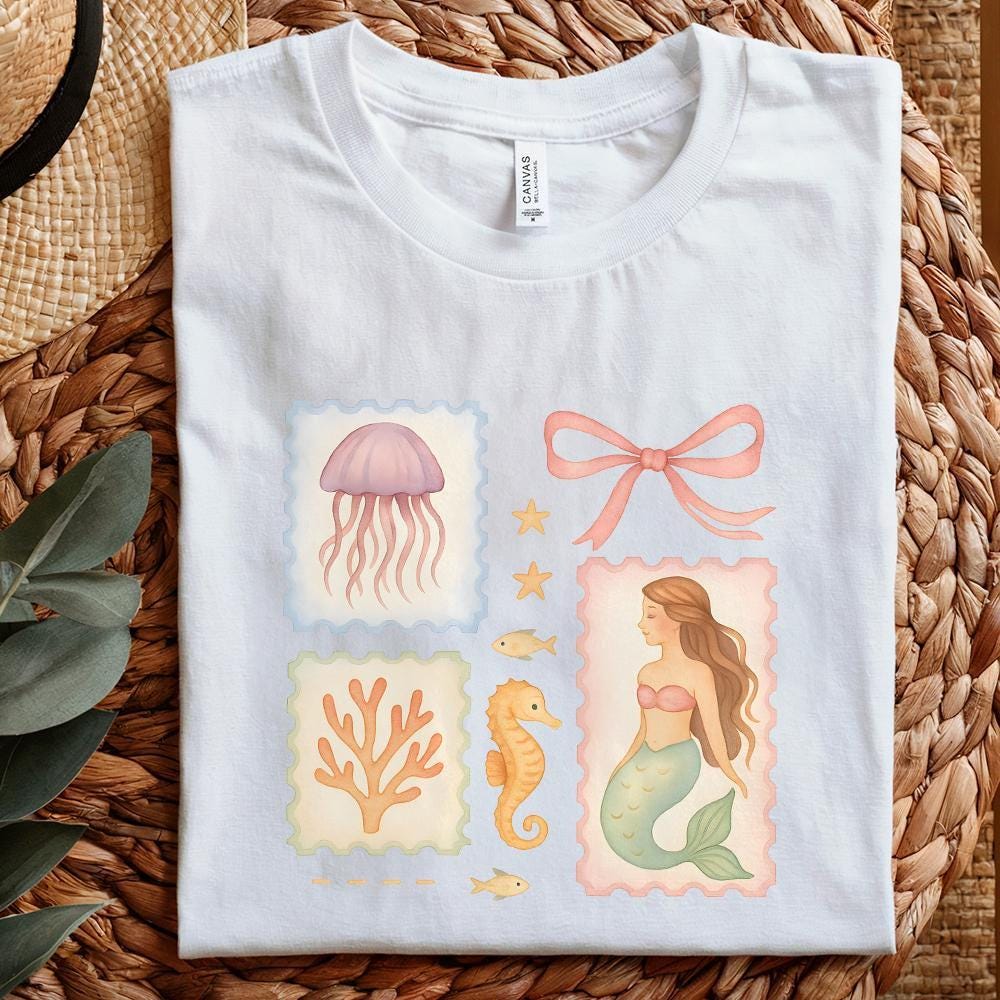 Pastel Mermaid and Sea Animals PNG, Beach Clipart - 300 DPI Design for