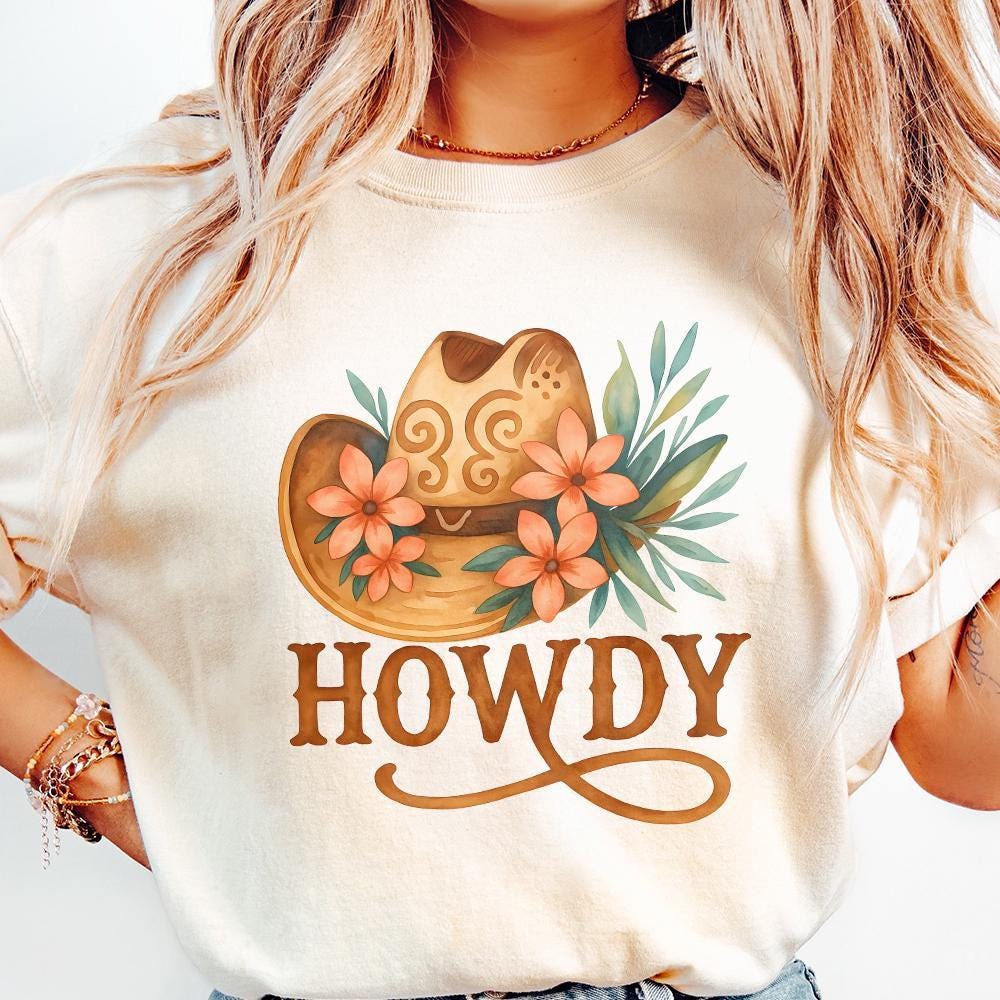 Western Howdy PNG Sublimation Design, Cowboy Hat Flowers - 300 DPI Design