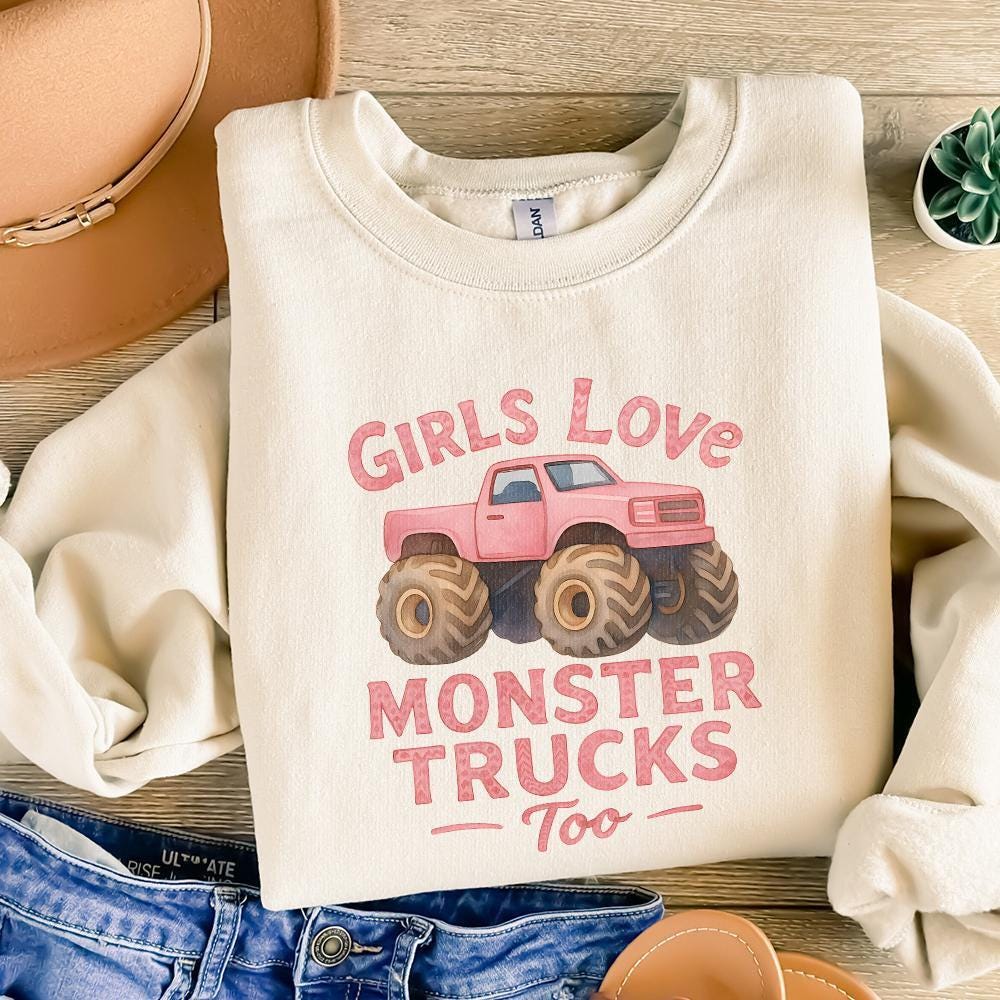 Girls Love Monster Trucks Too PNG, Girls Pink Truck - 300 DPI Design for