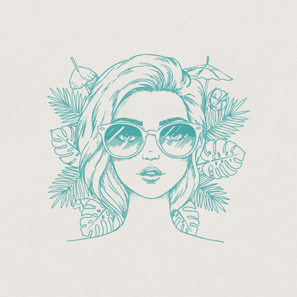 Trendy Woman PNG, Cool Girl with Sunglasses and Tropical Leaves Clipart -