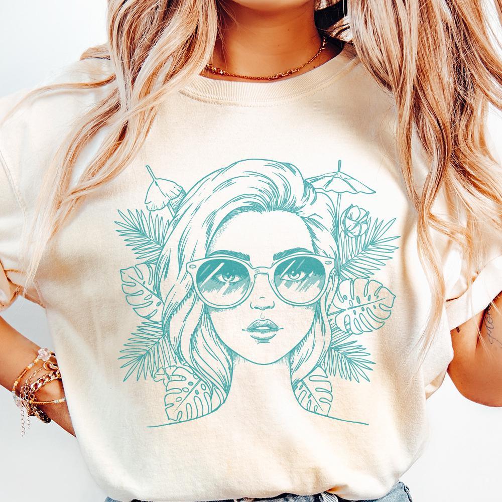 Trendy Woman PNG, Cool Girl with Sunglasses and Tropical Leaves Clipart -