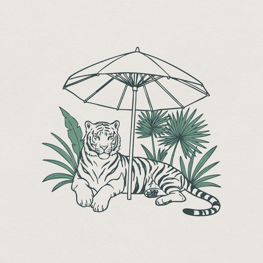 Chill Tiger PNG, Jungle Cat Under Umbrella Sublimation - 300 DPI Design