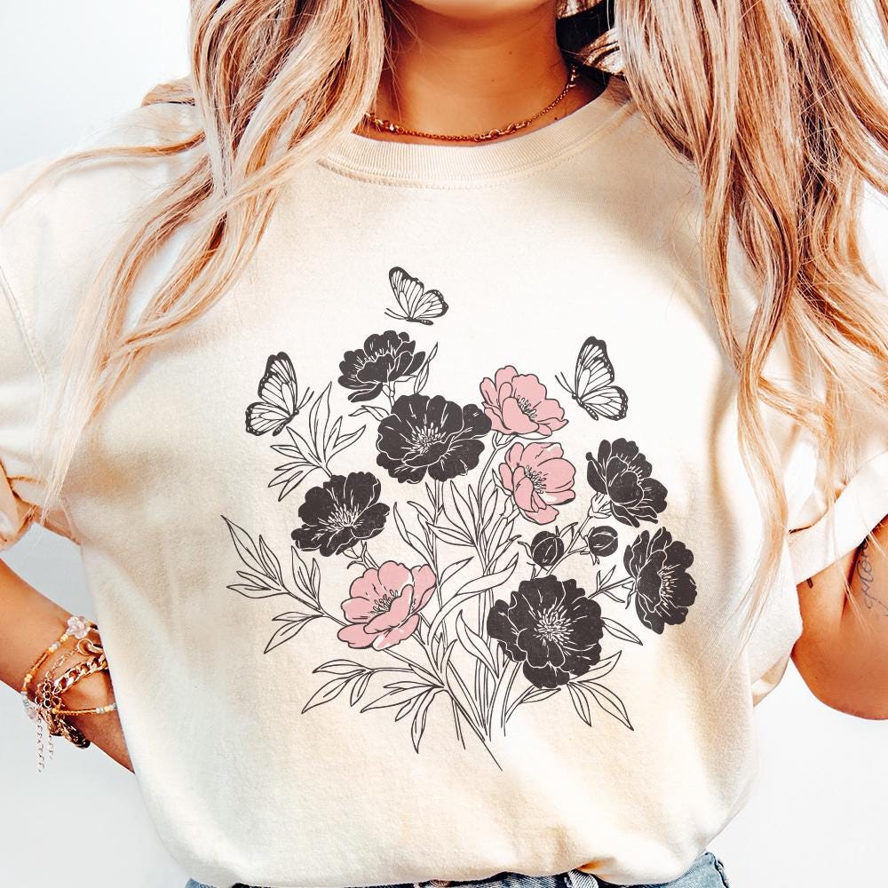 Floral Bouquet PNG, Pink and Black Wildflowers with Butterflies Clipart -