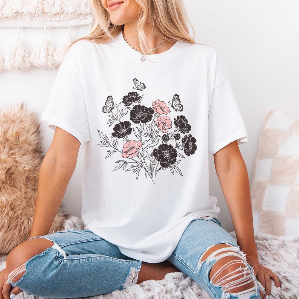 Floral Bouquet PNG, Pink and Black Wildflowers with Butterflies Clipart -