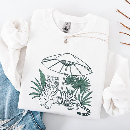 Chill Tiger PNG, Jungle Cat Under Umbrella Sublimation - 300 DPI Design