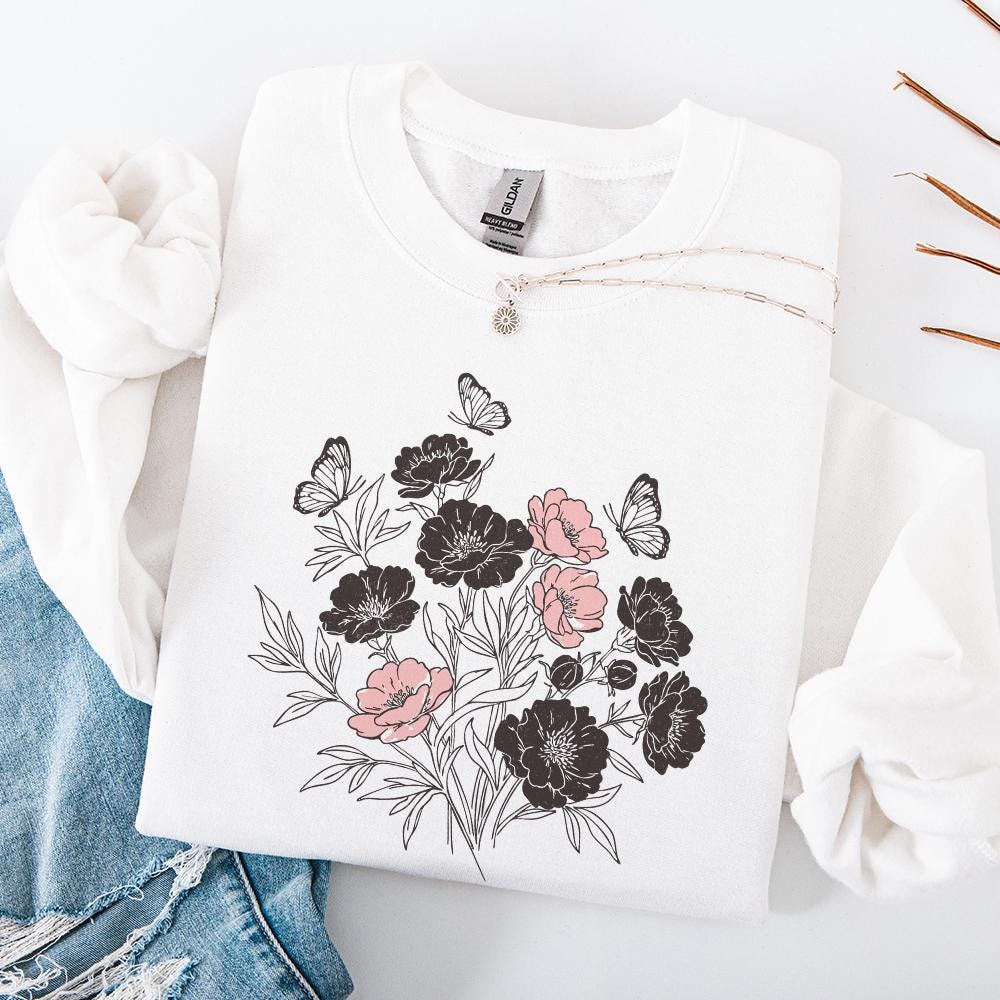 Floral Bouquet PNG, Pink and Black Wildflowers with Butterflies Clipart -