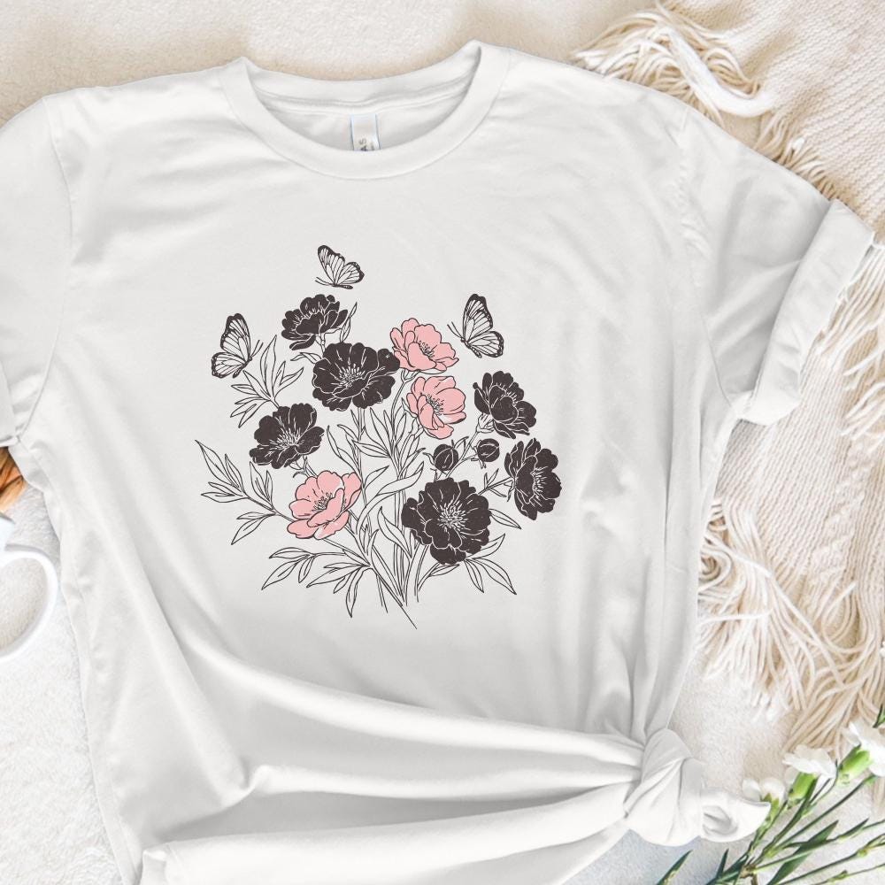 Floral Bouquet PNG, Pink and Black Wildflowers with Butterflies Clipart -