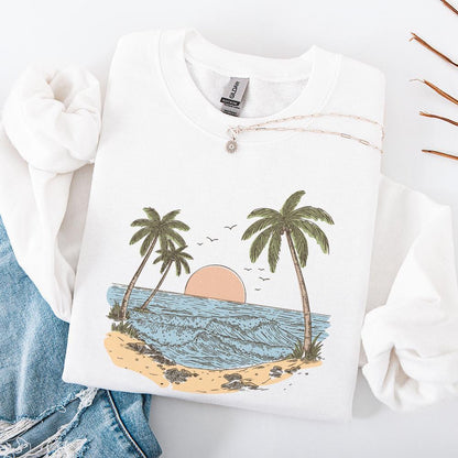 Tropical Beach Sunset PNG, Palm Tree Ocean View Illustration - 300 DPI