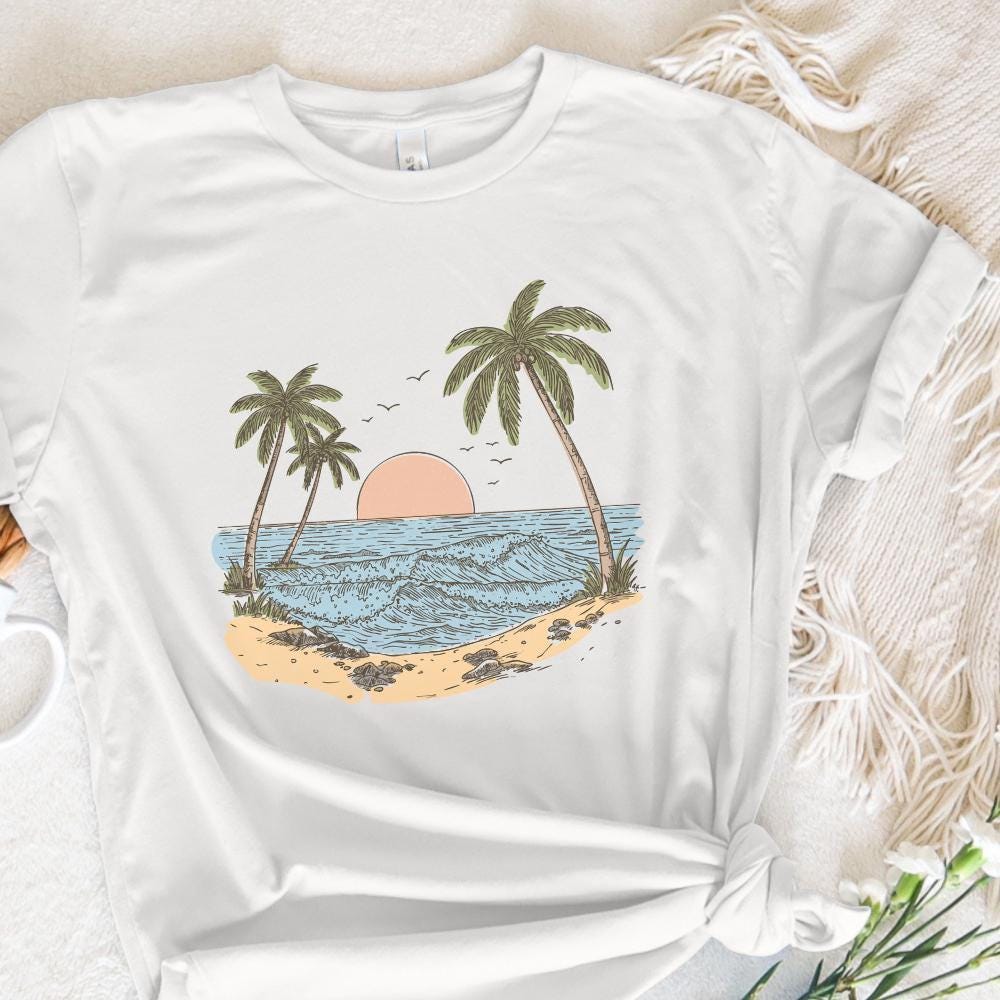 Tropical Beach Sunset PNG, Palm Tree Ocean View Illustration - 300 DPI