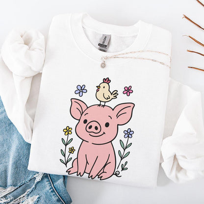 Adorable Pig and Chick PNG, Funny Vintage Farm Clipart - 300 DPI Design