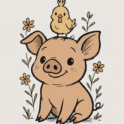 Cute Pig with Chick on Head PNG, Funny Farm Animal Sublimation - 300 DPI