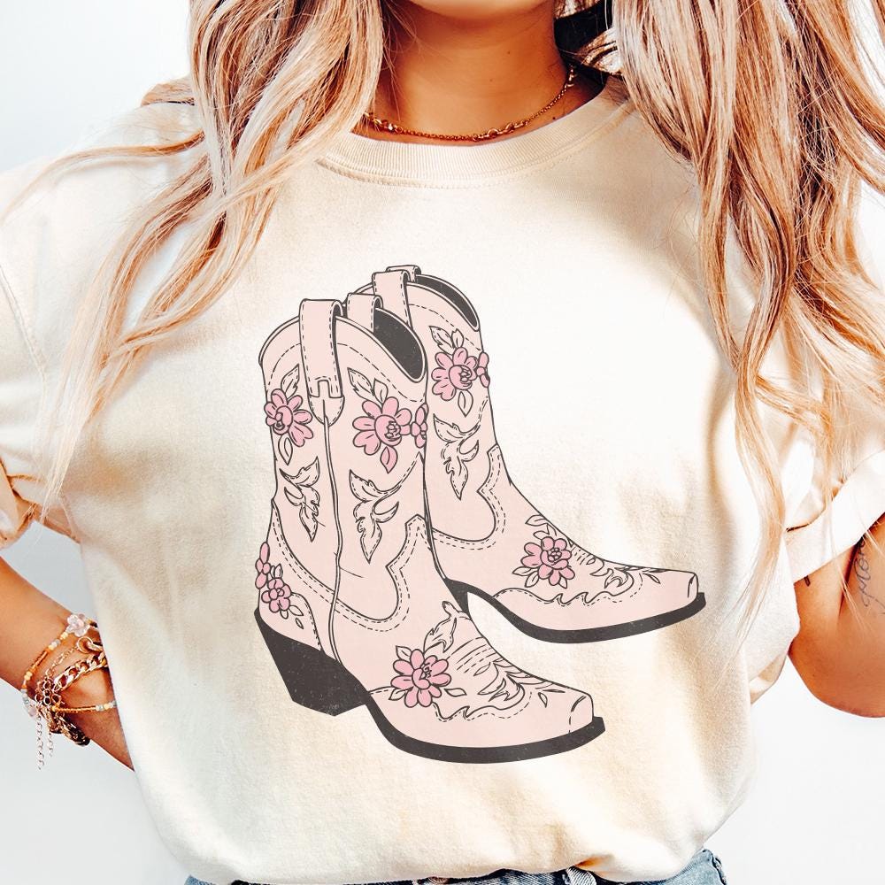 Pink Cowgirl Boots PNG, Floral Western Boots Sublimation Design - 300 DPI