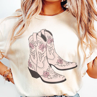 Pink Cowgirl Boots PNG, Floral Western Boots Sublimation Design - 300 DPI