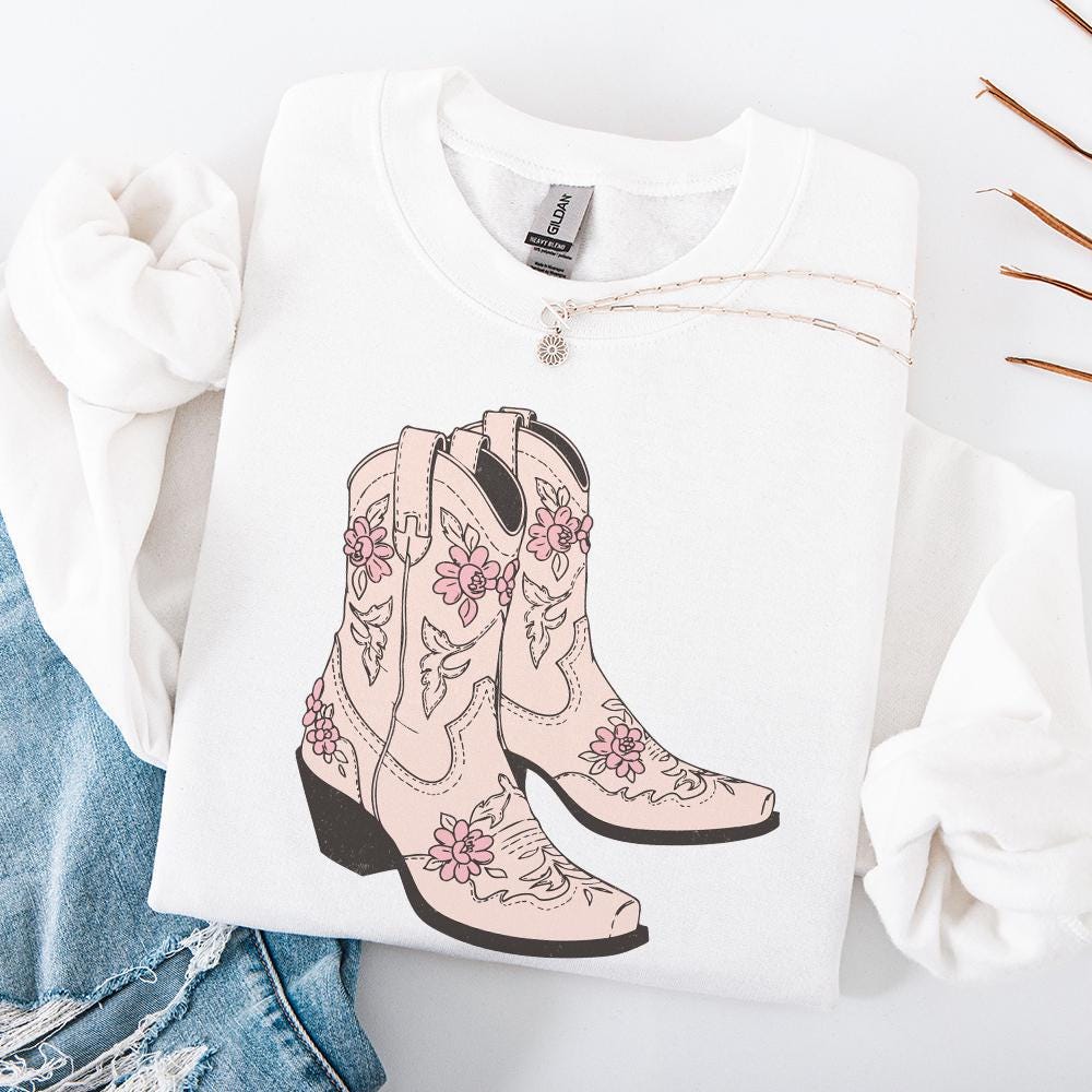 Pink Cowgirl Boots PNG, Floral Western Boots Sublimation Design - 300 DPI