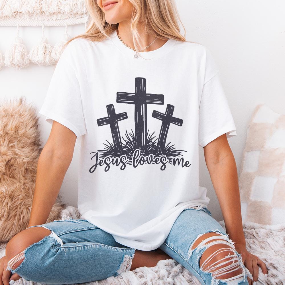 Jesus Loves Me PNG, Three Crosses Christian Sublimation Design - 300 DPI