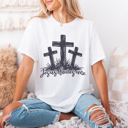 Jesus Loves Me PNG, Three Crosses Christian Sublimation Design - 300 DPI
