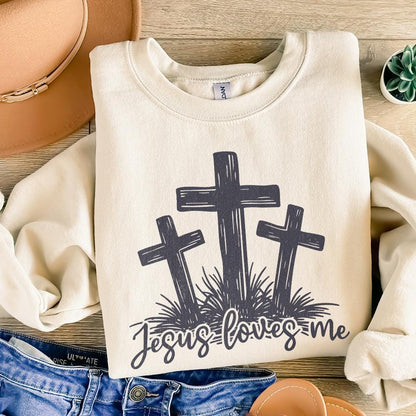Jesus Loves Me PNG, Three Crosses Christian Sublimation Design - 300 DPI